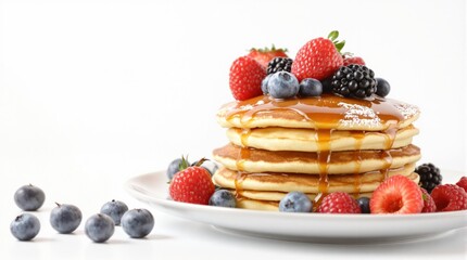 Stack of pancakes topped with berries on a solid white background