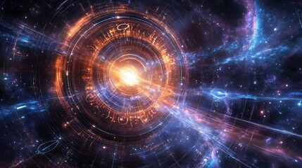 Obraz premium portal with alien symbols and light trails, set against a dark,