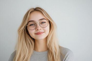 Fototapeta premium Young pretty blonde woman over isolated white background with glasses