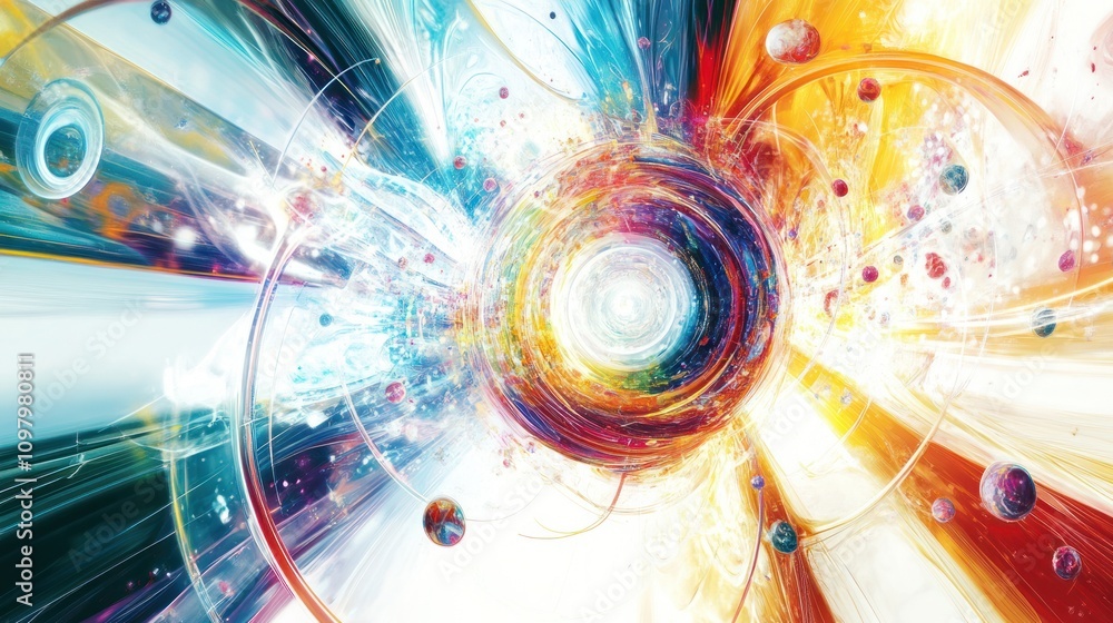 Poster physics, showcasing vibrant energy fields and intricate patterns radiating from a central nucleus,