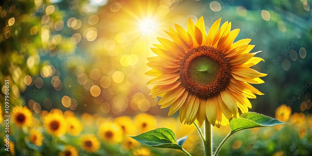 Poster stunning sunflower bloom in a lush field with soft bokeh background and ample copy space for summer-