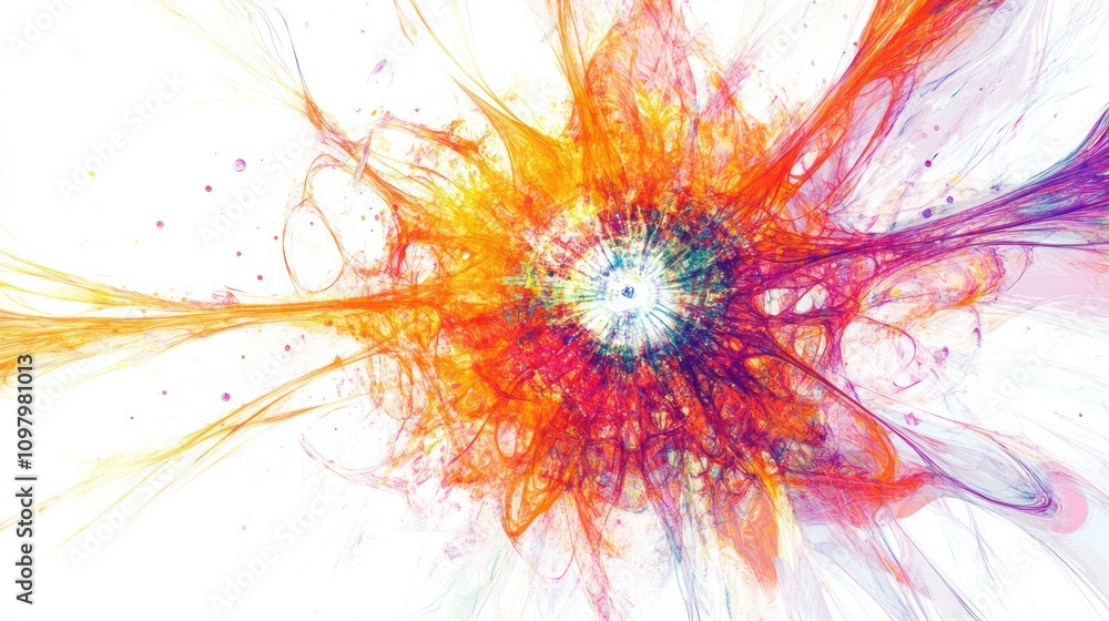 Poster physics, showcasing vibrant energy fields and intricate patterns radiating from a central nucleus,