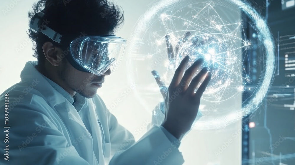 Poster filled with advanced technology, showcasing a quantum engineer working intently on a complex quantum