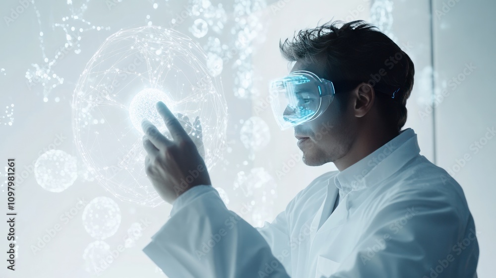 Poster filled with advanced technology, showcasing a quantum engineer working intently on a complex quantum