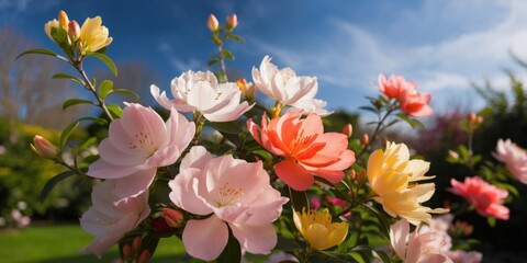 A vibrant display of colorful azaleas in full bloom under a clear blue sky at a serene garden in springtime.