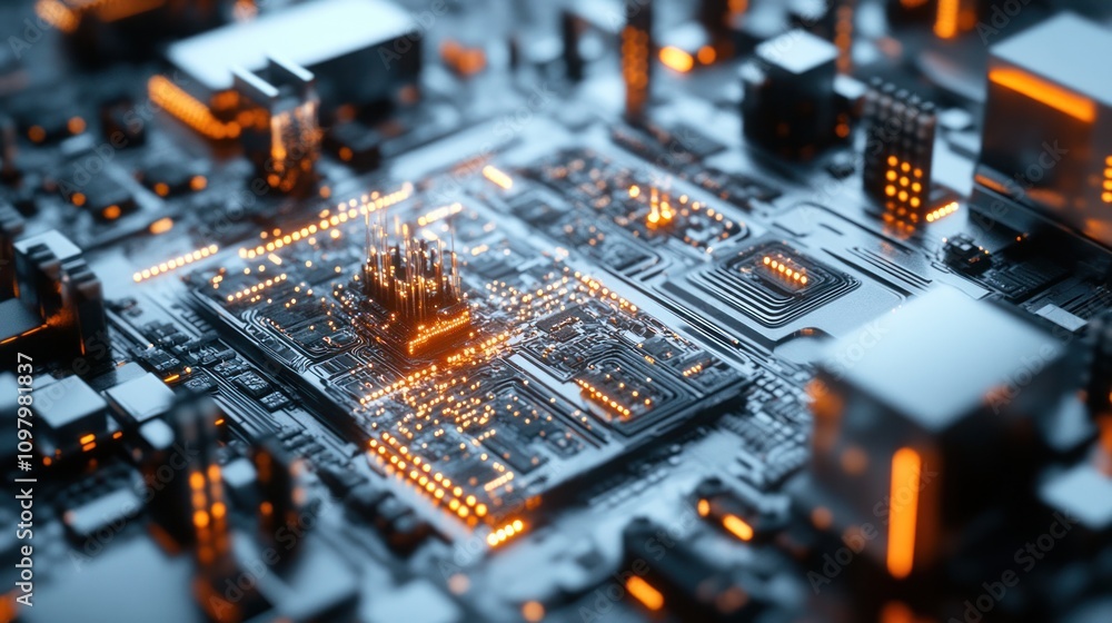 Poster computer integrated with artificial intelligence, featuring glowing circuits and intricate patterns 