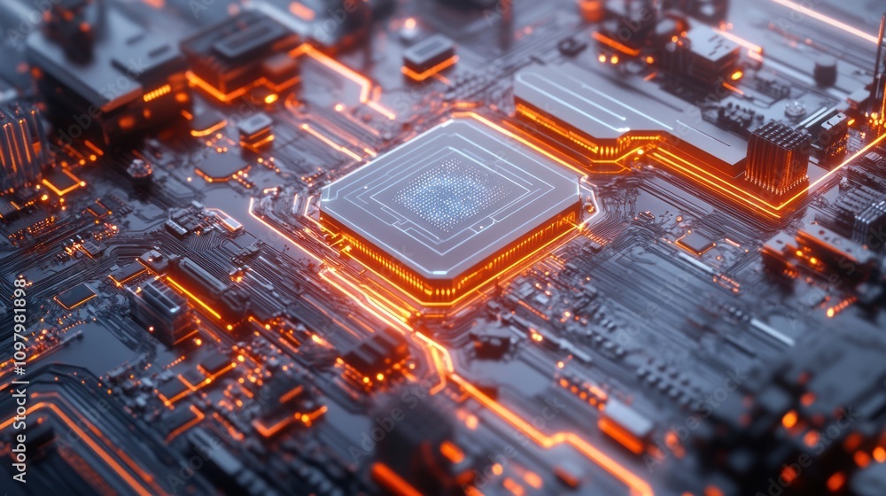 Poster computer integrated with artificial intelligence, featuring glowing circuits and intricate patterns 