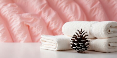 Soft white towels and silver pine cone on a pink fluffy background.
