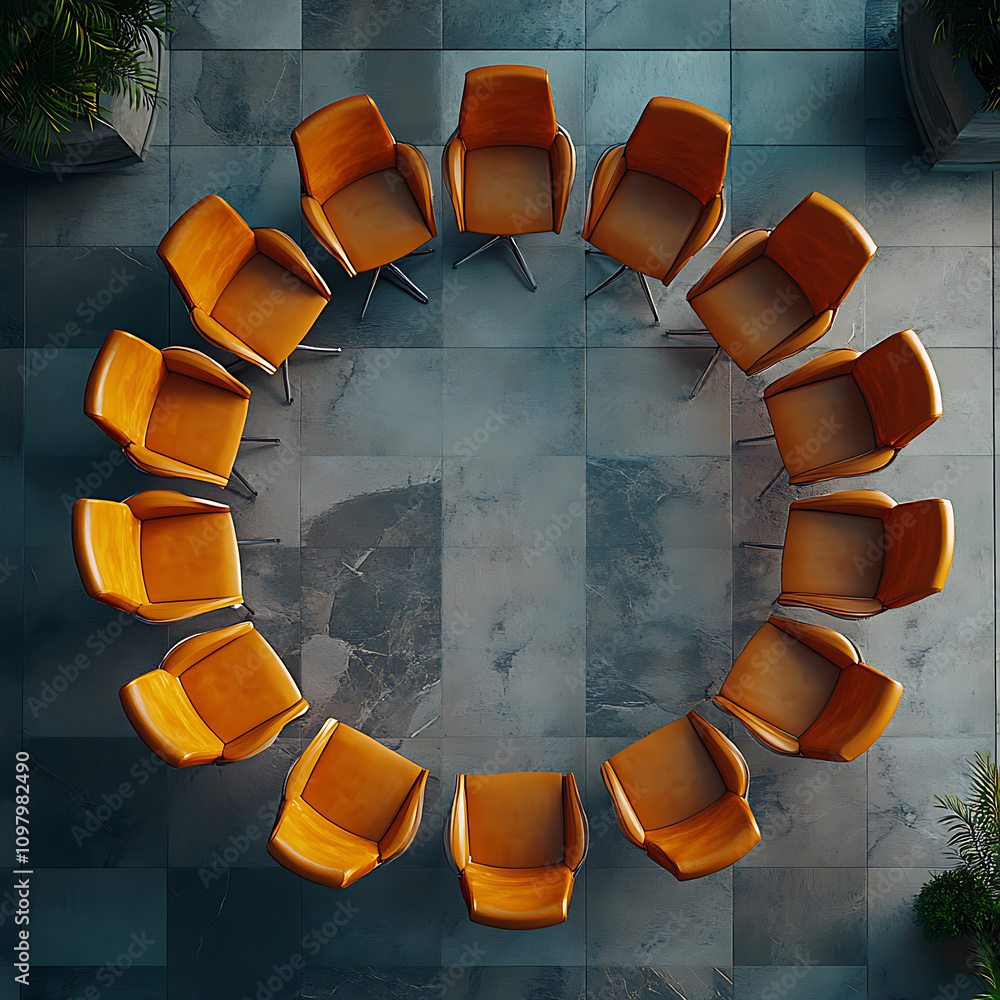 Aufkleber top view of empty wooden chairs arranged in circle on tiled floor, creating modern and inviting atmo