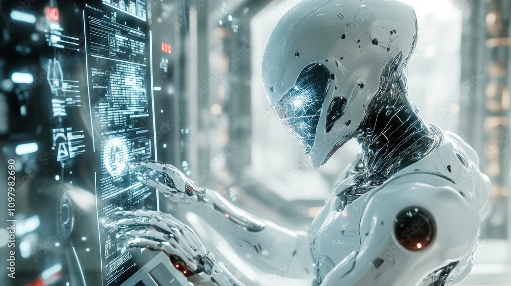 Poster an image of an alien researcher is shown in a laboratory, displaying holographic data that shows com