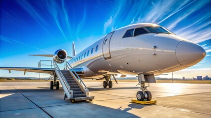 Obraz premium Stunning White Passenger Aircraft Parked at Jetway with Clear Blue Sky Background, Showcasing Modern Aviation and Travel Comfort for Stock Photography Needs