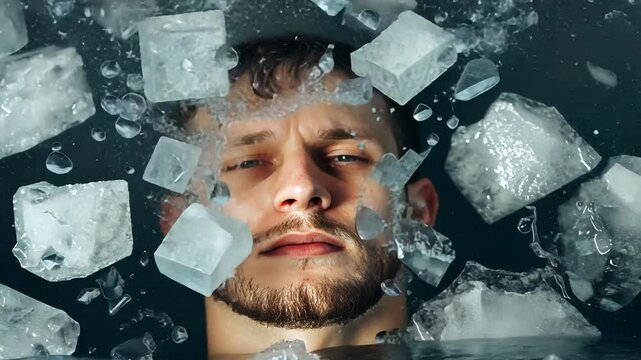 Man submerged in water with floating ice cubes