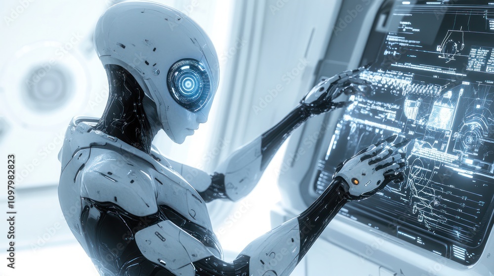 Poster an image of an alien researcher is shown in a laboratory, displaying holographic data that shows com