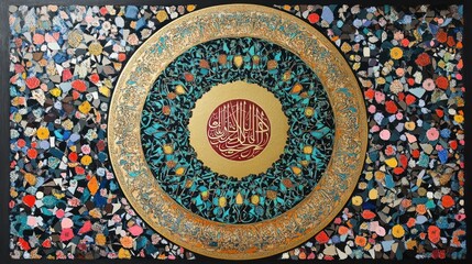 Obraz premium Circular Mandala of Calligraphy and Colorful Fragments
