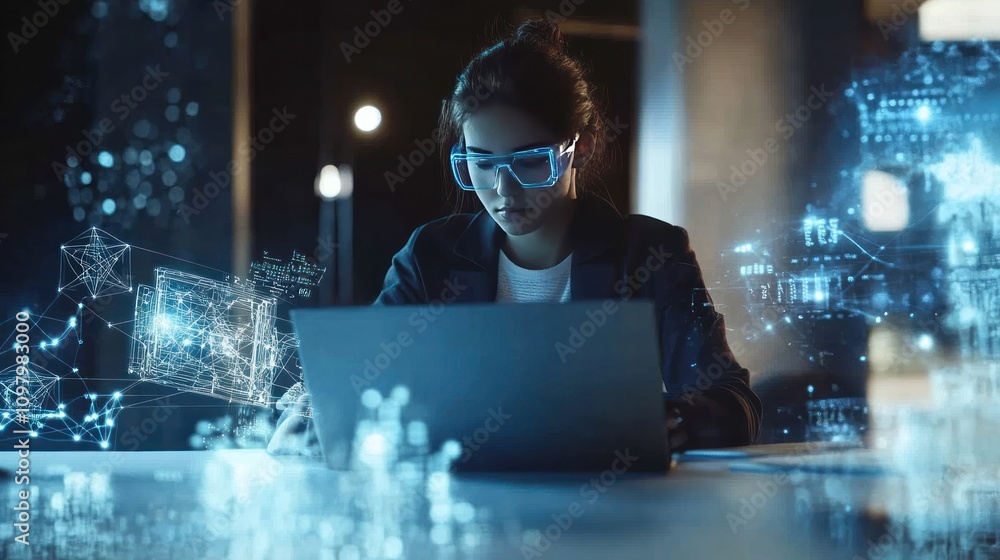 Poster a modern office setting, analyzing complex algorithms on a laptop while surrounded by holographic di
