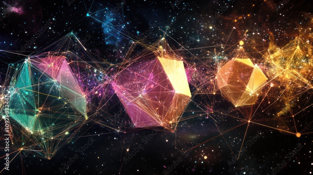 Poster geometry illustrating the concept of entanglement through a web of colorful lines connecting various