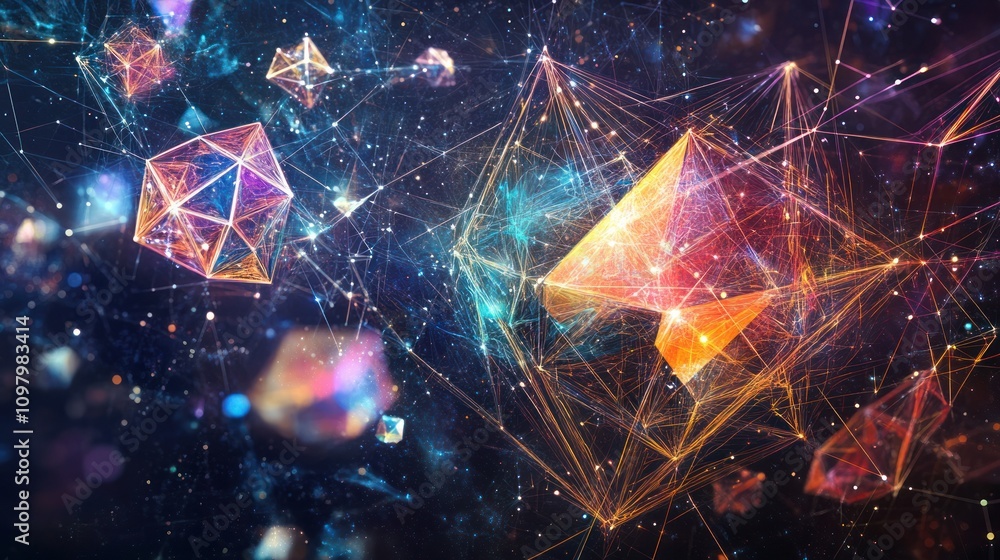 Poster geometry illustrating the concept of entanglement through a web of colorful lines connecting various