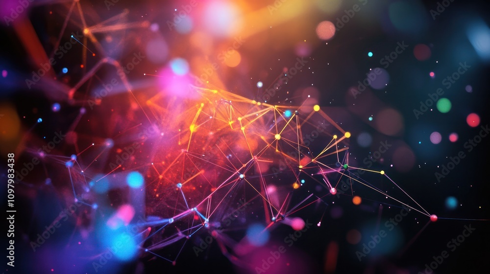 Poster geometry illustrating the concept of entanglement through a web of colorful lines connecting various