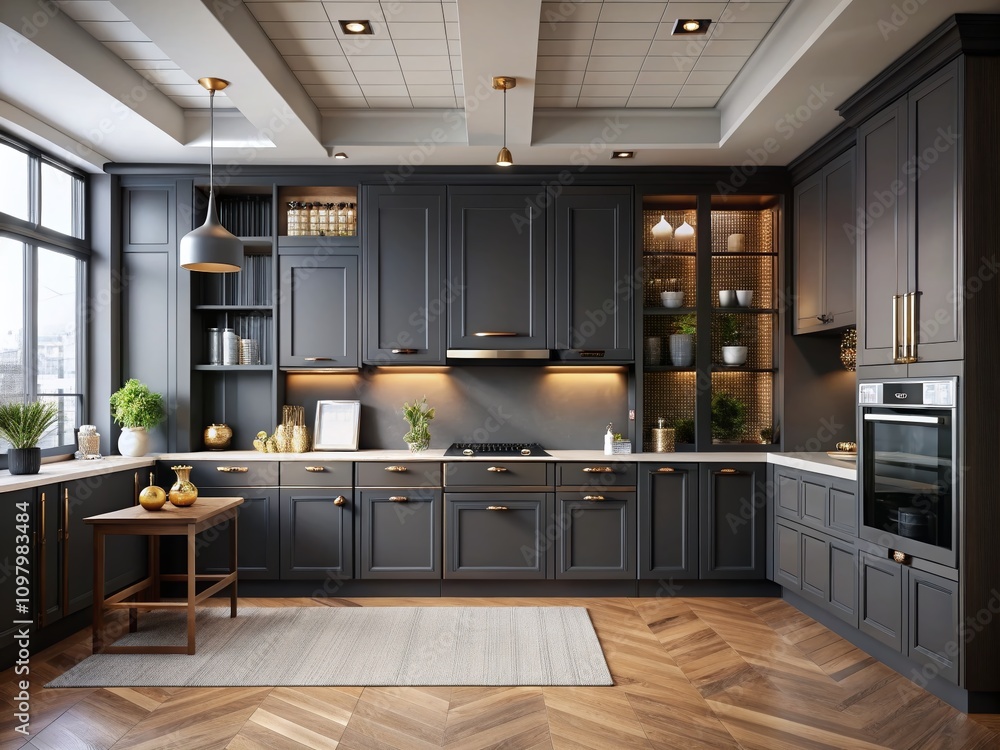 Poster stylish kitchen cabinet design collection in black filled and outlined style with ample copy space f