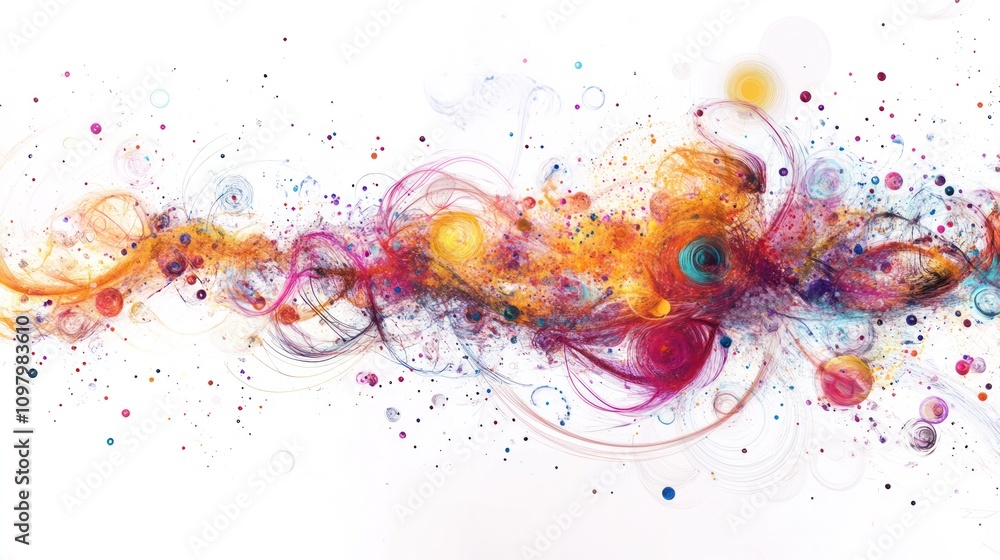 Poster entanglement and ai, with colorful particles and abstract shapes forming a network. the image highli