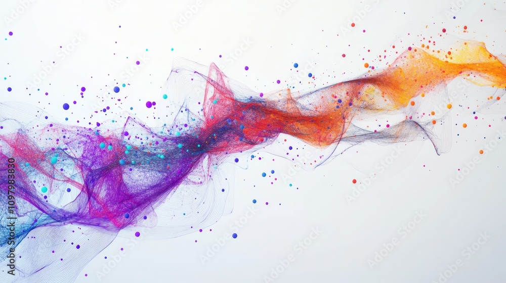 Poster entanglement and ai, with colorful particles and abstract shapes forming a network. the image highli