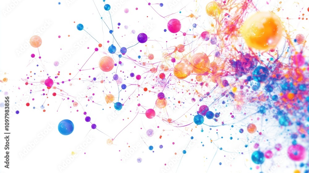 Poster entanglement and ai, with colorful particles and abstract shapes forming a network. the image highli