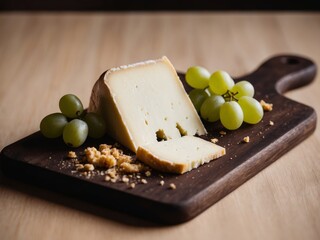 Creamy cheese on a wooden board invites you to indulge in this delightful spread.