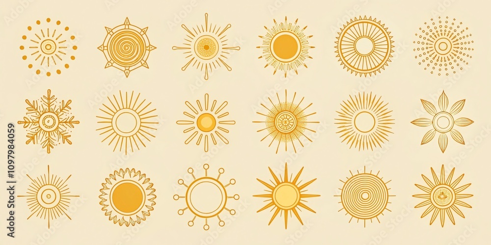 Poster stylish sun rays and shine designs for modern apps and websites in line and flat style, perfect for 