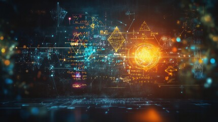 an intricate quantum mathematics formula displayed on a chalkboard, with glowing equations and symbols in various colors,