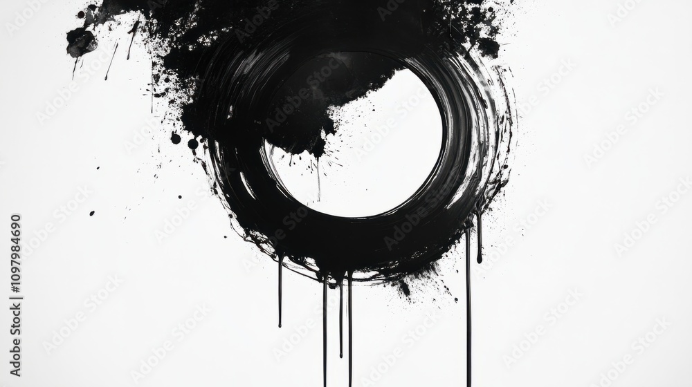 Poster monochrome black dripping ink circles creating a moody and abstract design on white