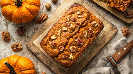 Delicious pumpkin bread recipe cozy kitchen food photography autumn vibes top view comforting baking concept