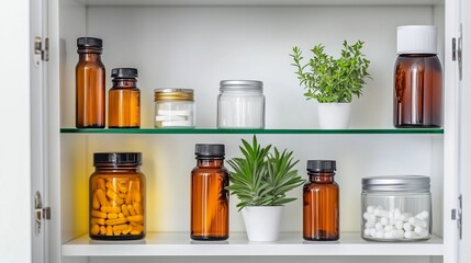 Empty medicine cabinet shelves reveal a life free from dependency, symbolizing health and self-reliance. Emptiness as a sign of wellness and proactive lifestyle choices.