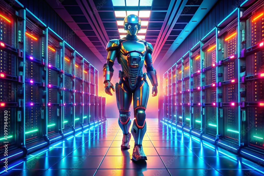 Poster super futuristic robot walking in a modern server room, showcasing advanced technology and 3d render