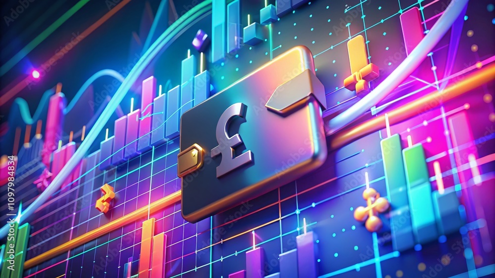 Poster surreal 3d illustration of a debit card swiping with the pound currency symbol and financial graphs 