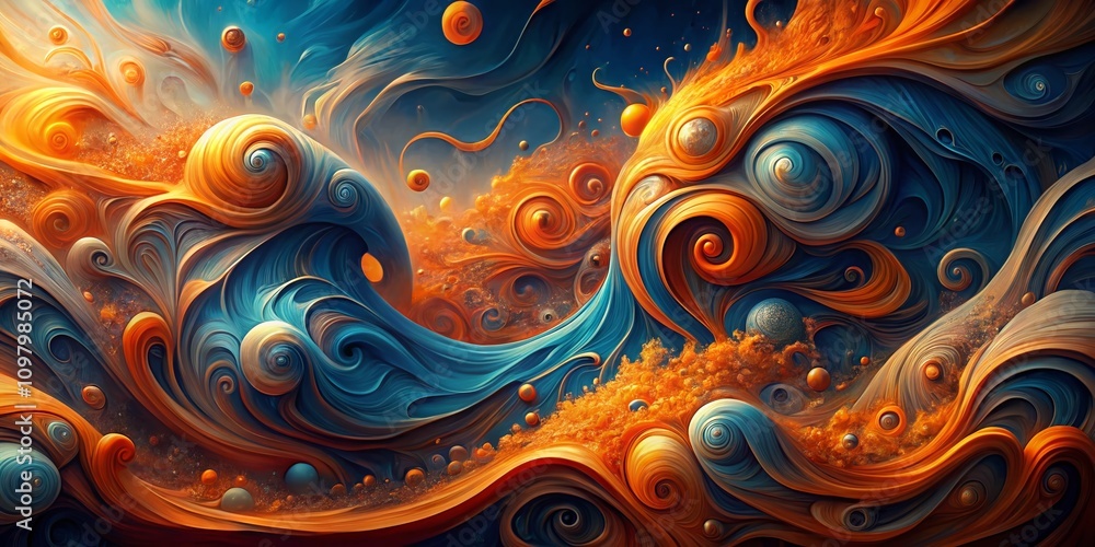 Poster surreal abstract background featuring dynamic orange and blue swirls with fluid shapes creating a dr