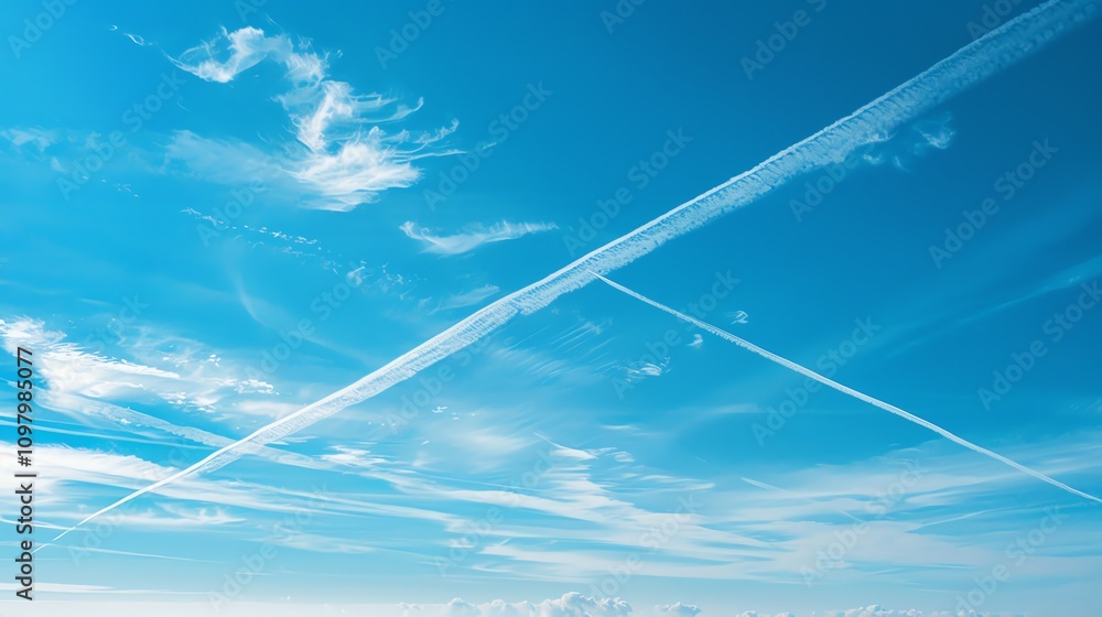Poster a blue sky with multiple contrails crossing each other.