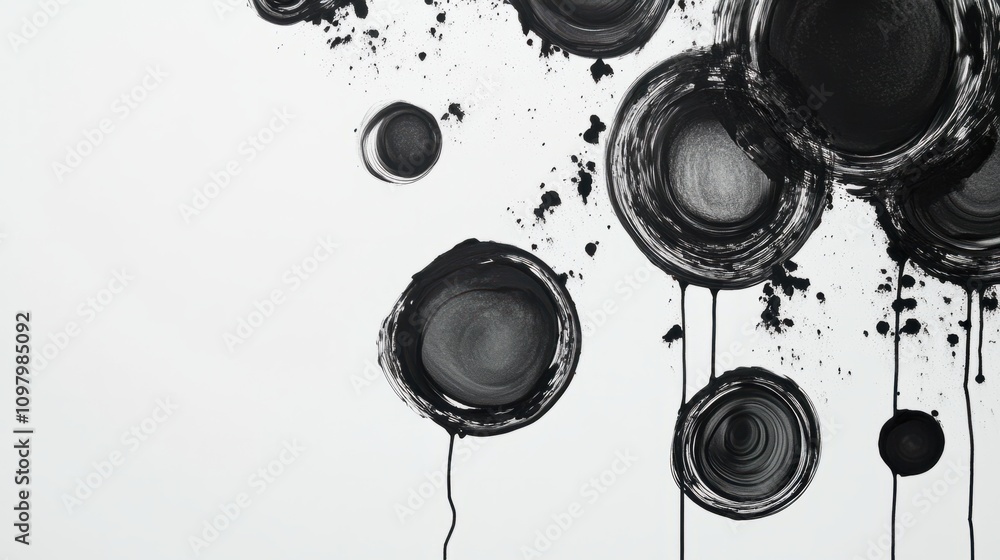 Poster monochrome black dripping ink circles forming abstract interconnected patterns on a plain white back