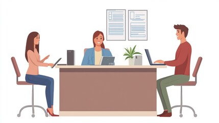Three people in a modern office setting engaged in work and discussion.