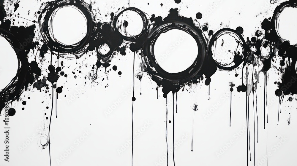 Poster monochrome black dripping ink circles forming abstract interconnected patterns on a plain white back