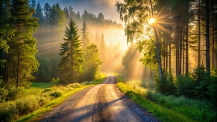 Obraz premium Surreal Backlight Over a Tranquil Gravel Road in Varmland, Sweden, Capturing the Dreamlike Quality of Nature's Light and Shadows Amidst Scenic Landscapes and Treetops