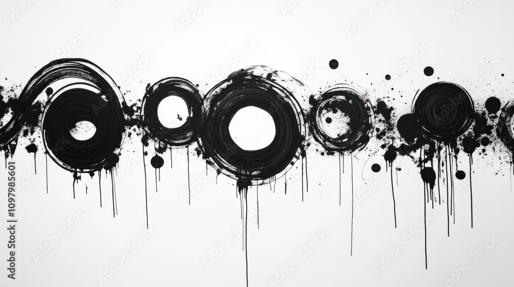 Poster monochrome black dripping ink circles forming abstract interconnected patterns on a plain white back
