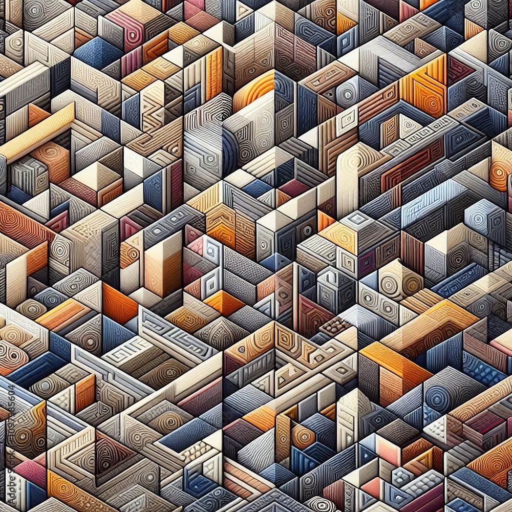 Aufkleber a detailed abstract geometric pattern featuring a maze of colorful cubes and intricate lines. the vi