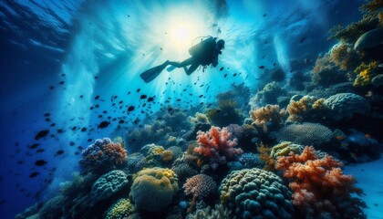 A scuba diver explores a vibrant coral reef with tropical fish as the sun's rays shine through the ocean water