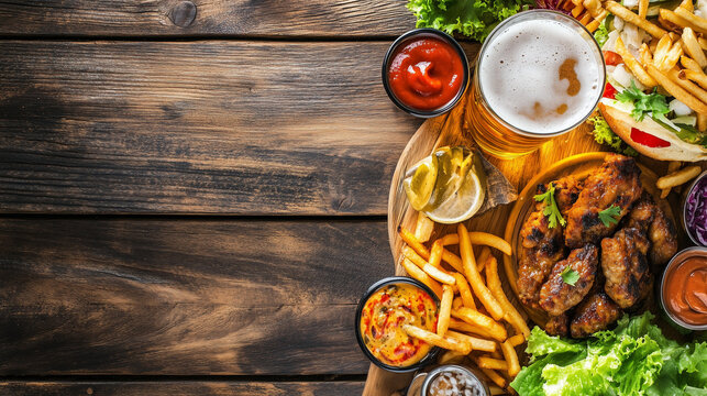 High-angle view of kebapche with a side of fries and a cold beer