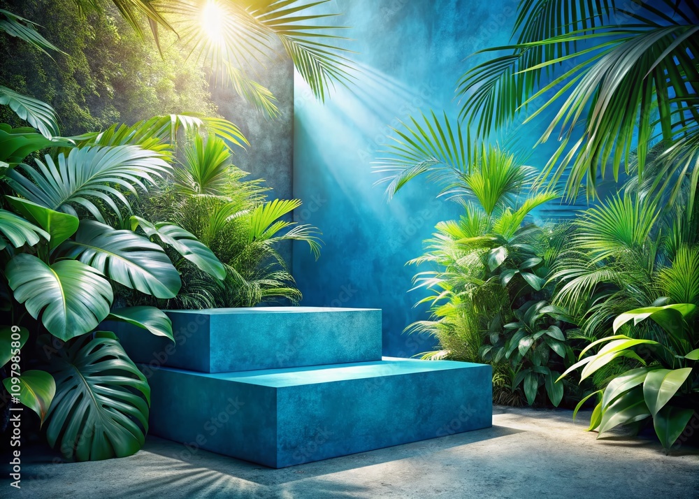 Poster surreal blue concrete podium surrounded by lush tropical plants illuminated by soft sunbeams, creati