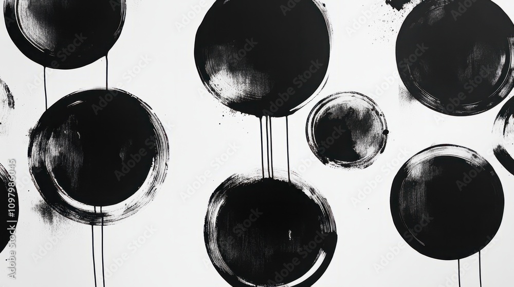 Poster multiple black ink circles with visible drips, forming a minimalist abstract pattern on white
