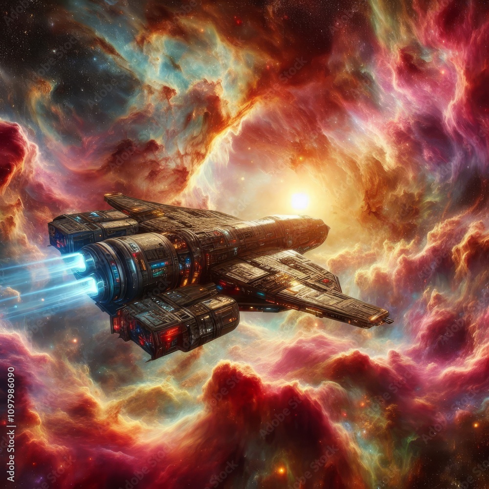 Poster a detailed spaceship with glowing thrusters flies through a colorful, swirling nebula in deep space.
