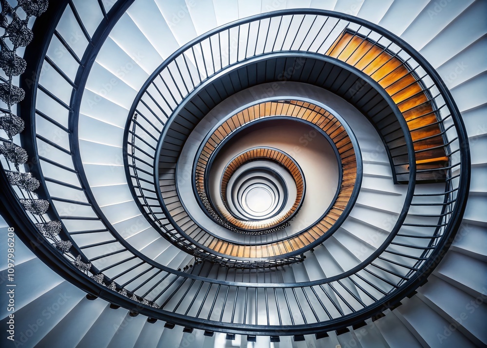 Poster surreal circular staircase design on white background with black handrail, capturing the essence of 