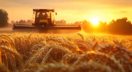 Fototapeta premium A header harvesting wheat golden hour, and the wheat is ripe and ready for harvest.