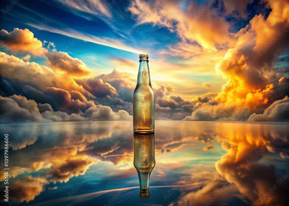 Poster surreal composition of an empty clear beer bottle surrounded by dreamlike elements and abstract colo